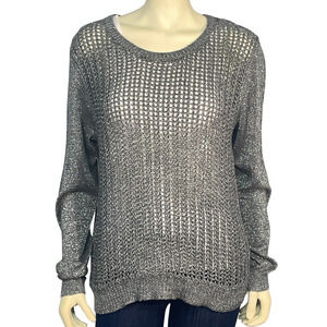 Kenneth Cole Wmns Sz L Misha Pullover Sweater Mesh Knit Front Sparkly Silver New
